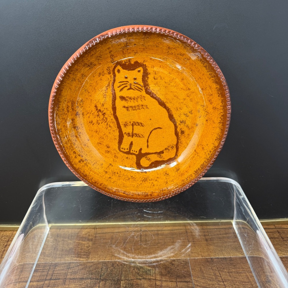 Vintage 1989 Ned Foltz Pottery - Redware Cat Serving‎ Bowl - 8.75"
